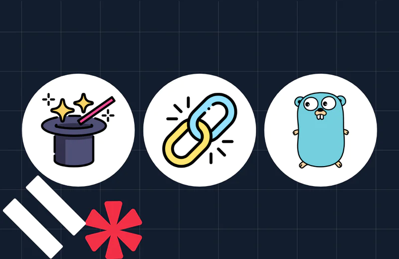 Magic hat, link chain, and blue gopher icons on a dark grid background with red and white shapes.