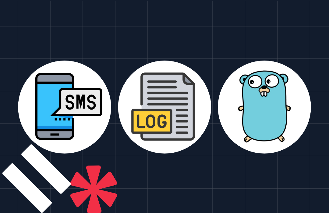 Icons of a phone with SMS, a document labeled log, and a cartoon gopher on a grid background.