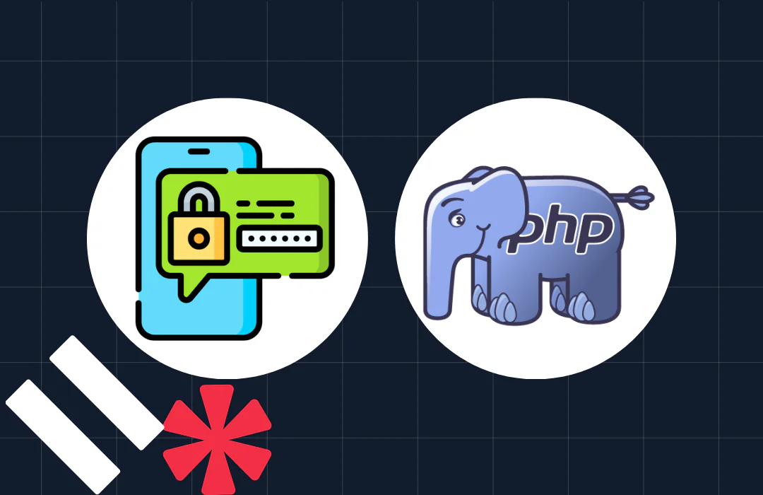 Icons of a secured mobile phone and the PHP programming language with graphical elements in the background.