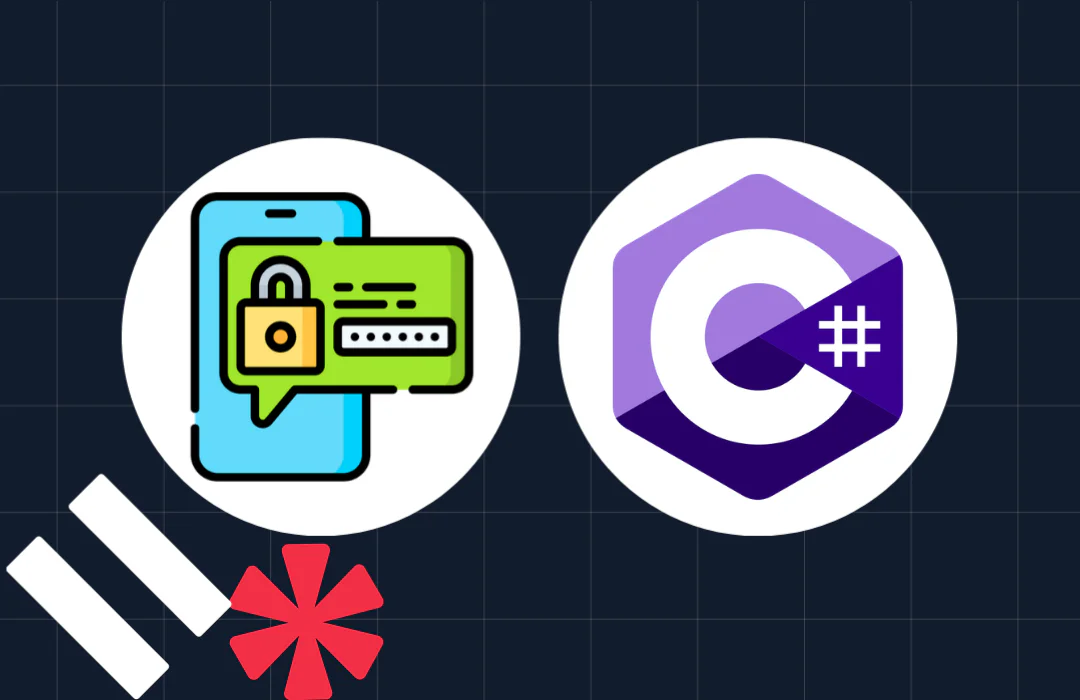 Icons of a secure messaging app and C# programming language logo on a dark grid background.