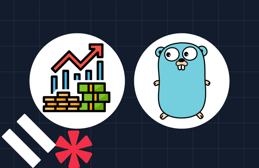 Graph with upward trend and Go programming language mascot side by side on a dark background.