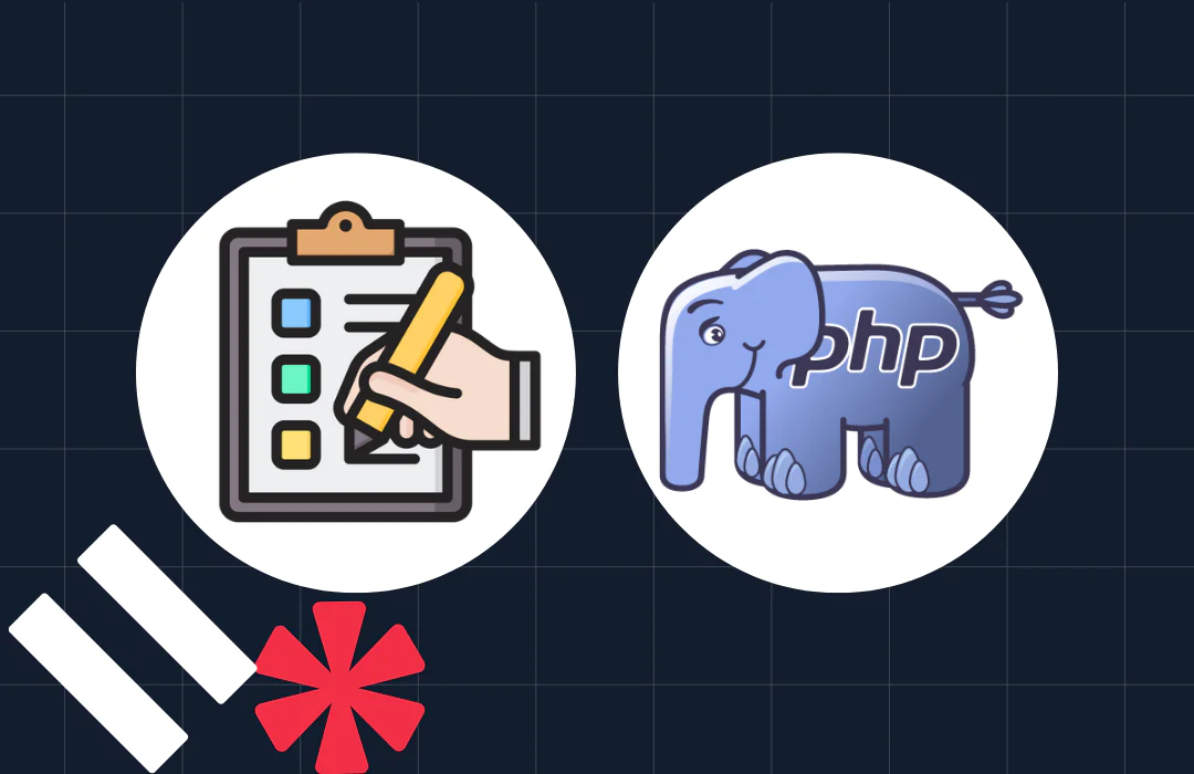 Hand writing on a checklist clipboard and a blue elephant with 'PHP' text on a dark grid pattern