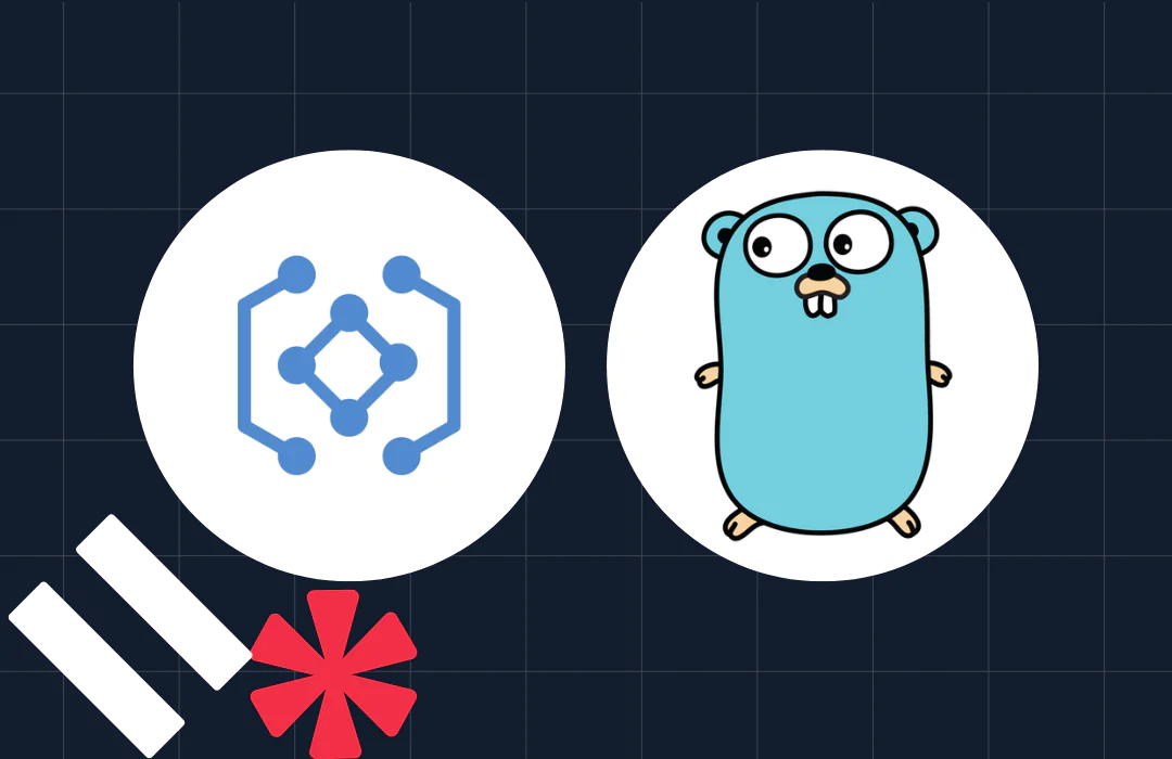 Two tech logos on white circles, one with a node icon and the other with a blue gopher character, on a gridded background.