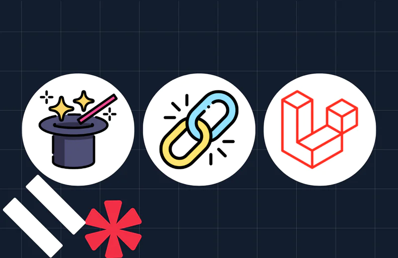 Icons of a magic hat, a chain link, and the Laravel logo on a dark grid background with abstract shapes.
