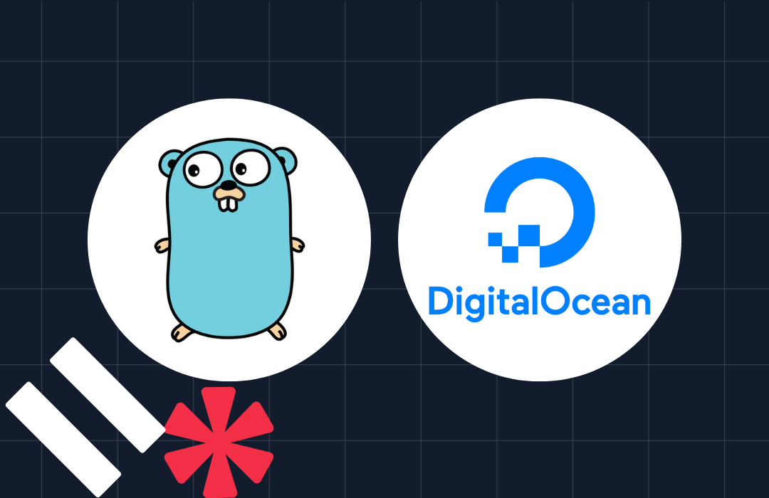 Golang mascot and DigitalOcean logo side by side on a blue grid background with white and red symbols.