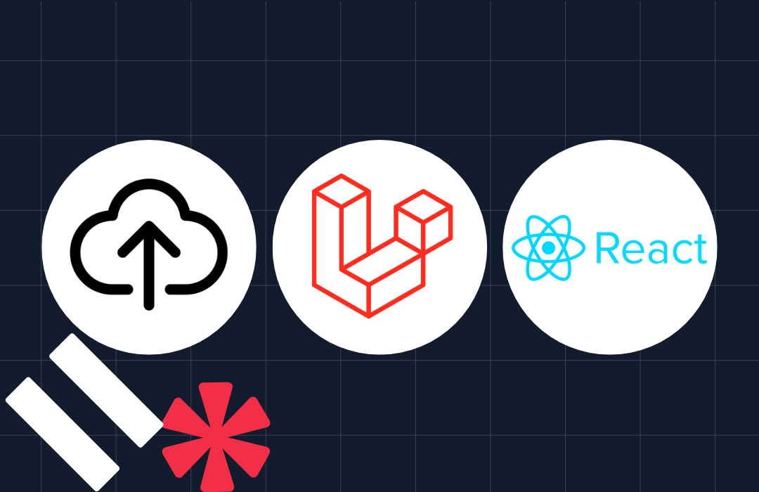 Logos of cloud upload, Laravel framework, and React library on a dark grid background.