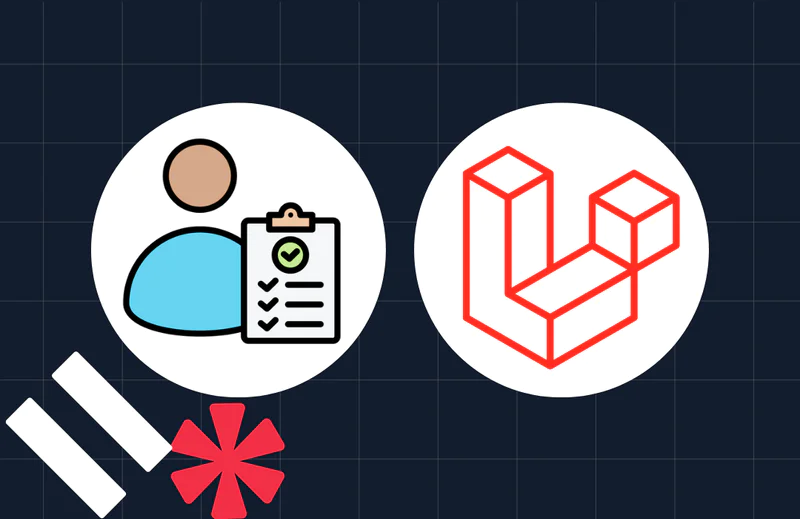 Icons of a person with a checklist and the Laravel logo on a grid-patterned dark background.