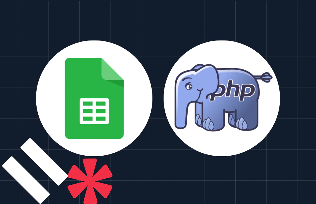 Icons of Google Sheets and PHP elephant on a grid background with additional abstract elements.
