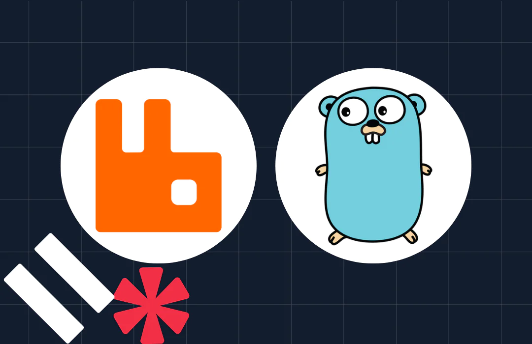 Logos of RabbitMQ and Go programming language on a dark grid background with decorative elements.