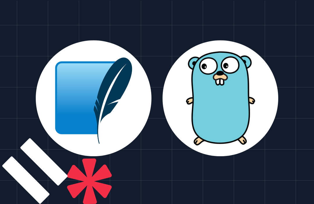 Icons of SQLite logo and Go programming language mascot on a grid background with symbols.