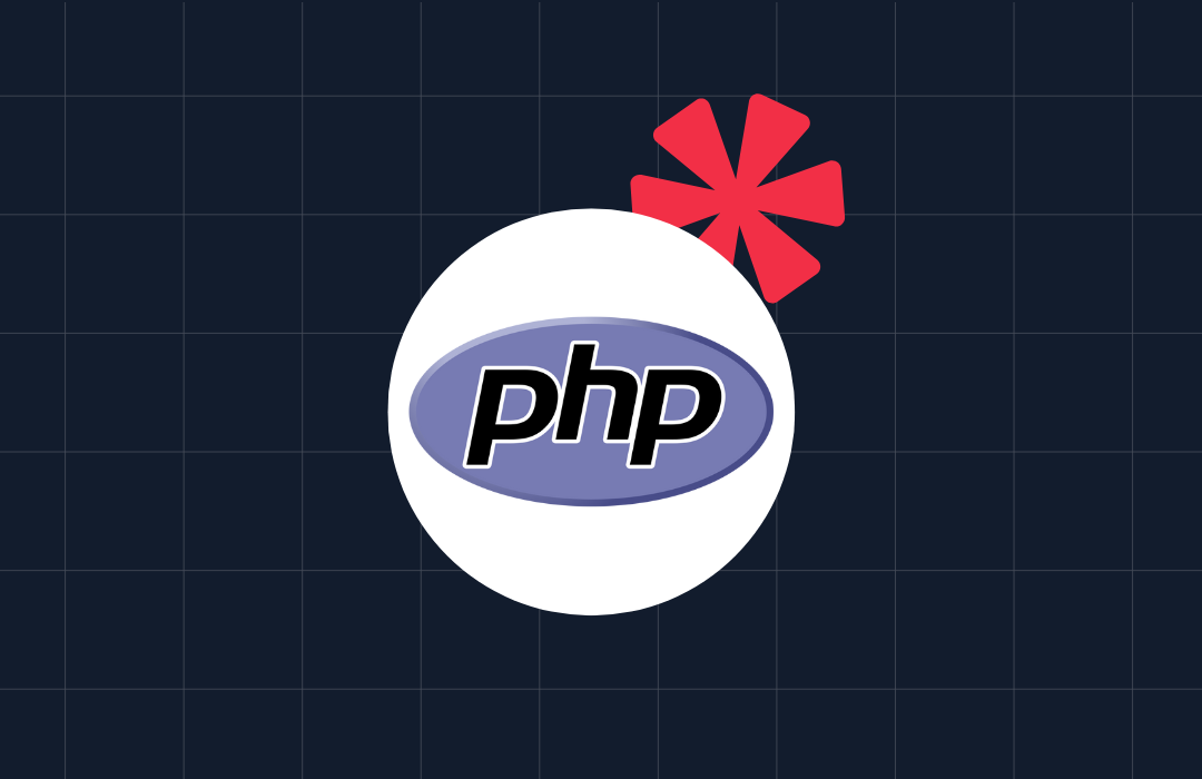 PHP logo in a white circle with a red asterisk on a dark blue grid background.