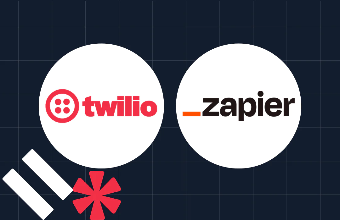 Logos of Twilio and Zapier inside white circles on a dark grid background with additional graphic elements.
