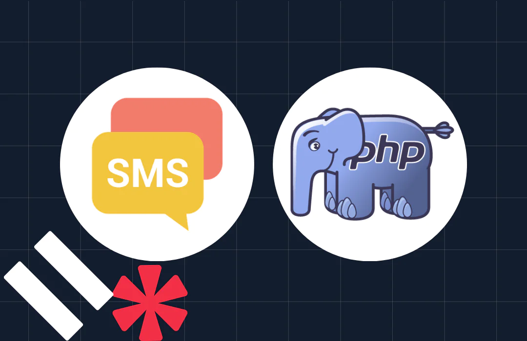 Illustration of SMS speech bubble icon and cartoon elephant labeled PHP on a grid background.
