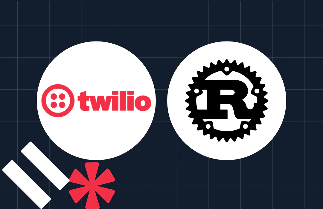 Logos of Twilio and Rust programming language on a grid background with decorative elements.
