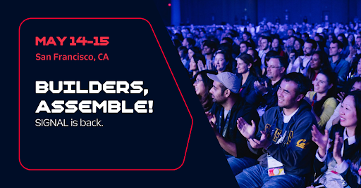 Crowd attending a tech event in San Francisco on May 14-15 with Builders, Assemble! message