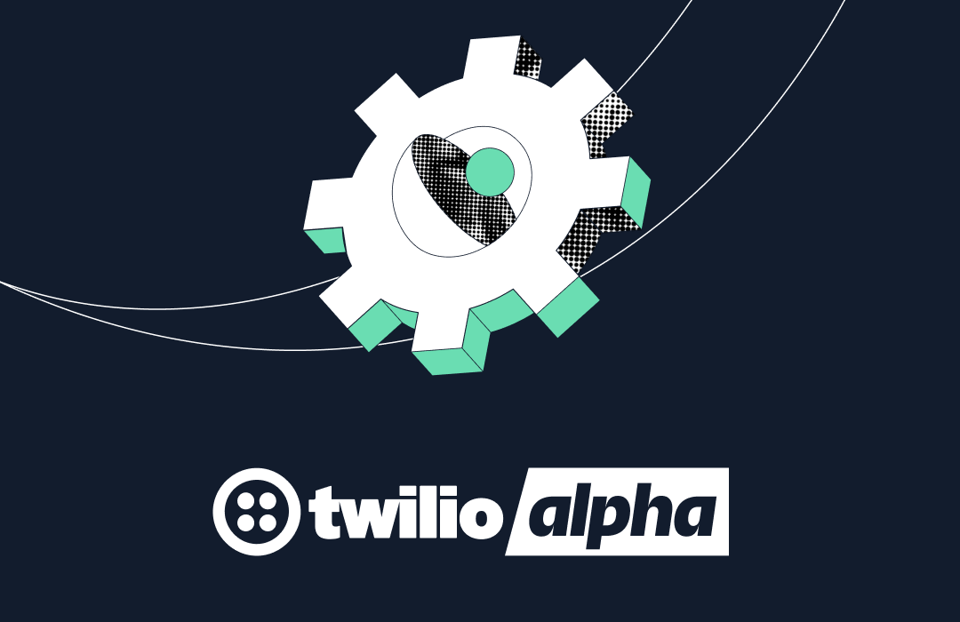 Twilio Alpha logo with a gear and circular icon on a dark background