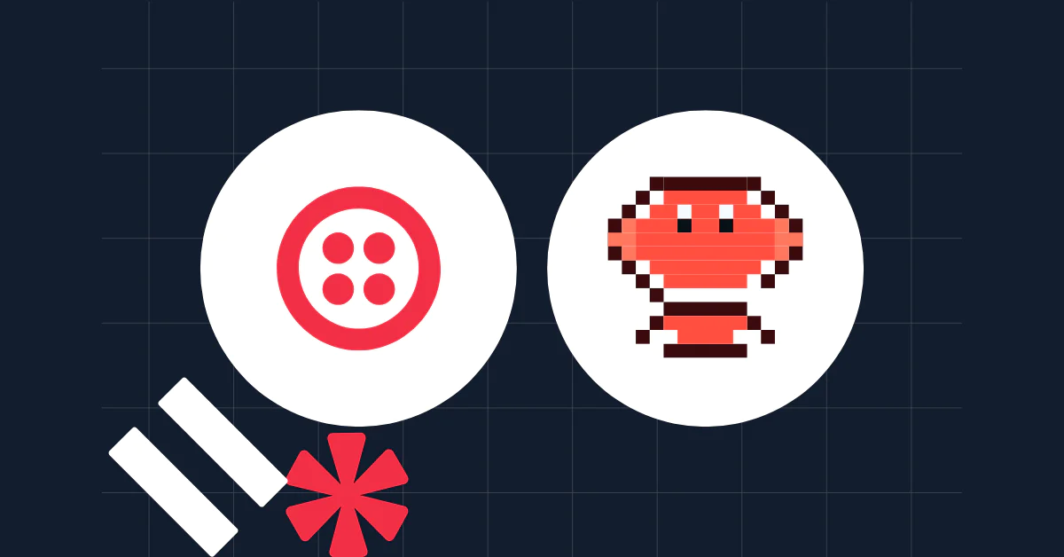 Two circular icons on a grid background with a red button and a red pixelated figure.