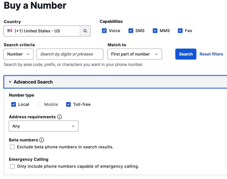 This image shows the "buy a number" interface on Twilio's web site.