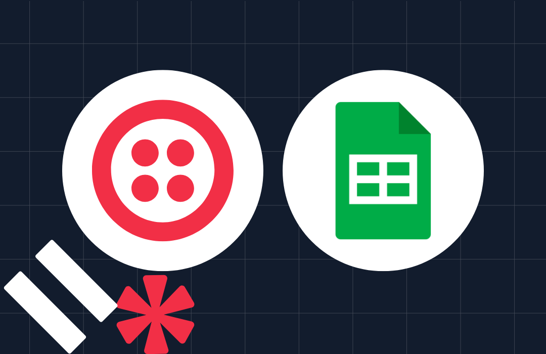 Red Twilio logo and green Google Sheets icon on a dark grid background with equal sign and asterisk symbols.