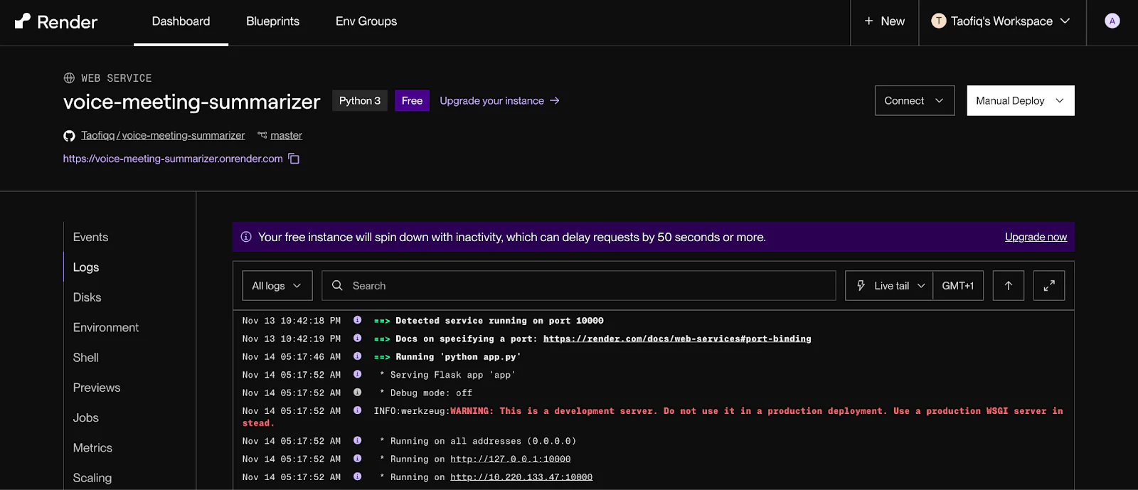 An image showing a Render dashboard for a deployed Flask application on the Render cloud platform