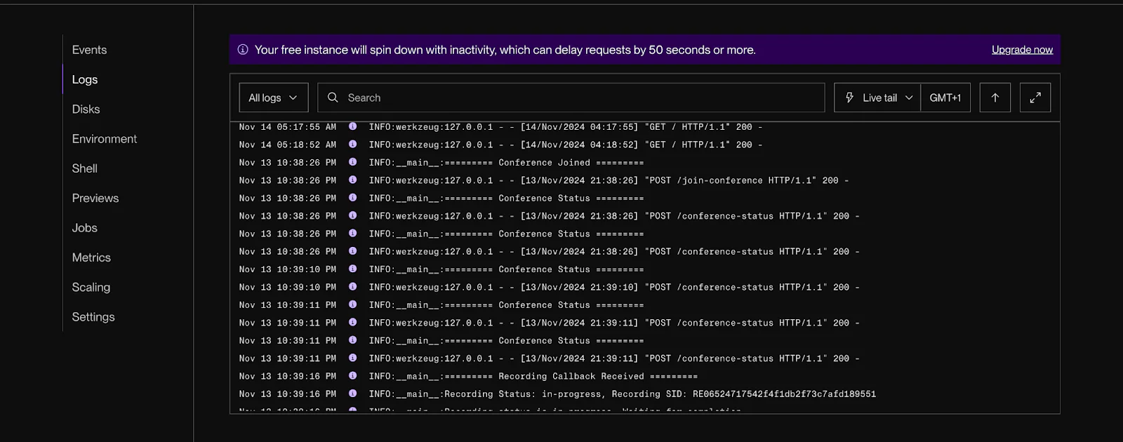 An image showing the Render logs to show when participants joins the conference call and the conference started. 