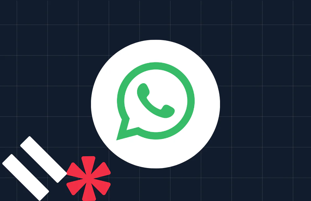 Green WhatsApp logo in white circle with red and white abstract shapes on dark grid background.