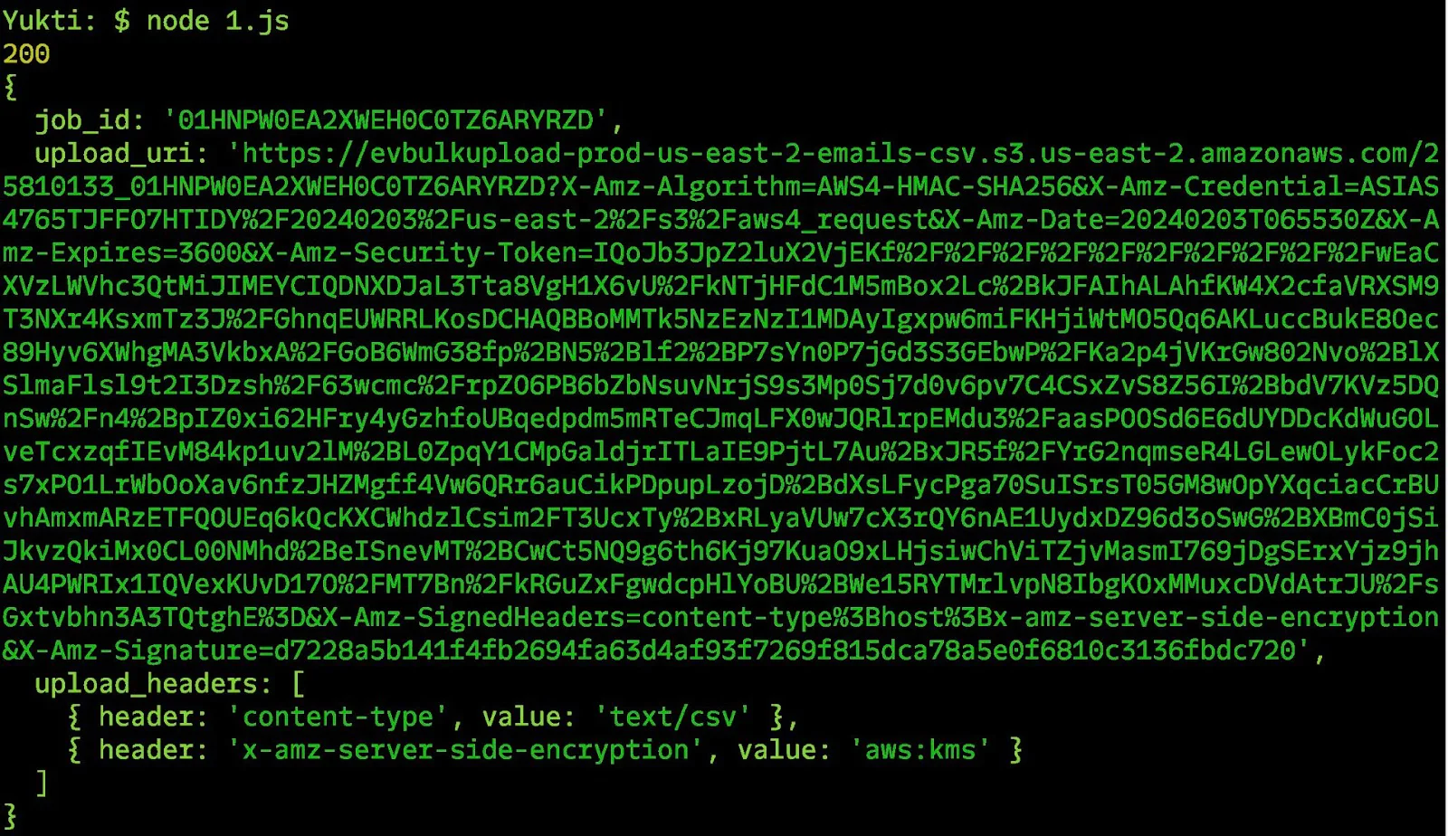 Please make a note of the output from this script, which will include `job_id`, `upload_uri`, and `upload_headers`. Please make a note of the output from this script, which will include `job_id`, `upload_uri`, and `upload_headers`.