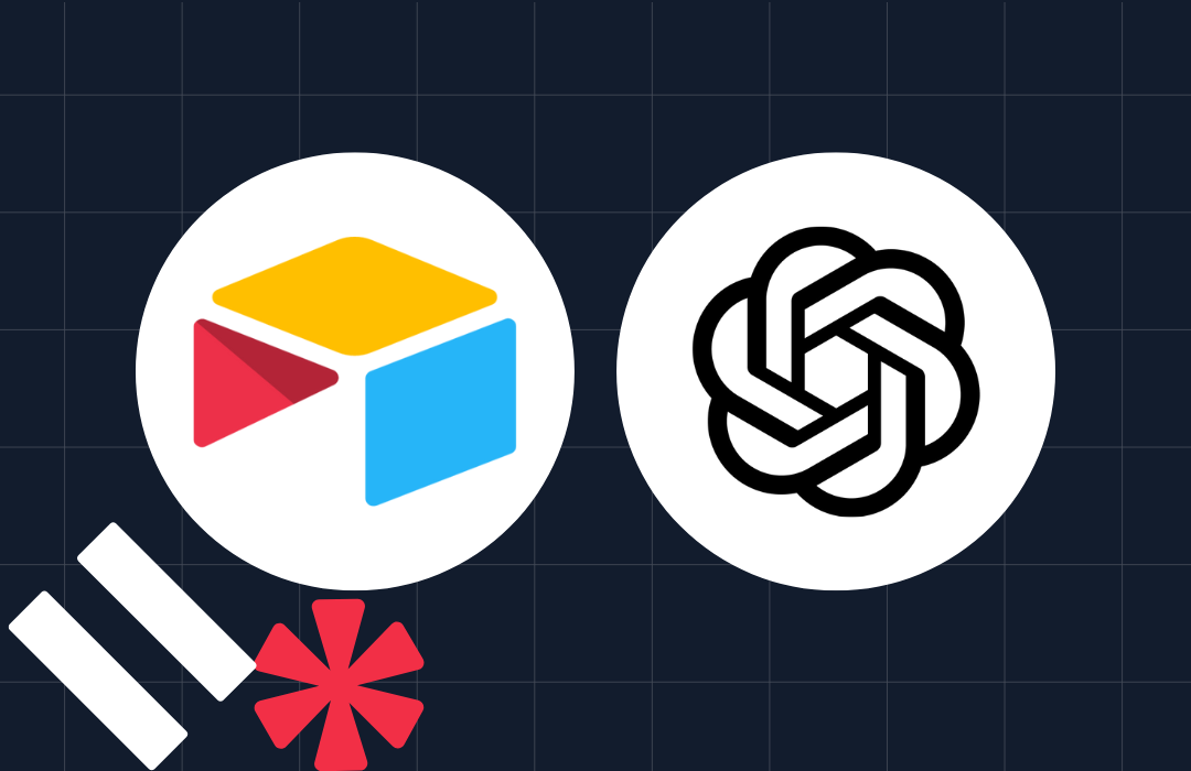 Airtable and ChatGPT logos side by side with geometric shapes on a grid background.