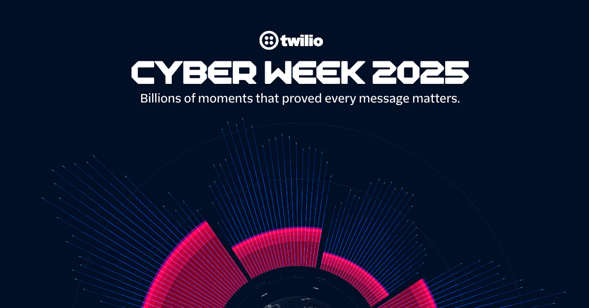 Twilio Cyber Week 2025 banner with data visualization graphics and slogan about the importance of every message.