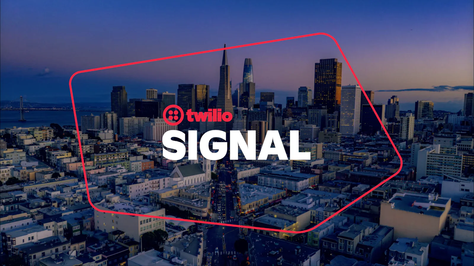 Aerial view of San Francisco skyline with Twilio Signal logo overlay