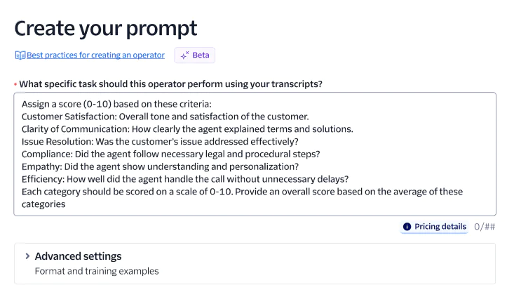Prompt to evaluate a contact center operator's performance based on various criteria with a score from 0 to 10.