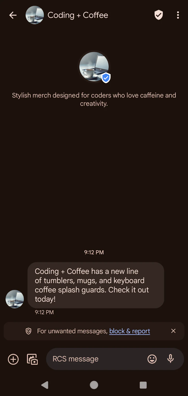 Coding and Coffee Sender in RCS preview