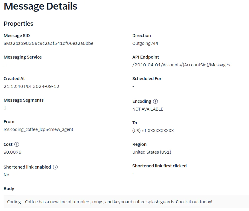 Message details page for an RCS message and Twilio Messaging Insights