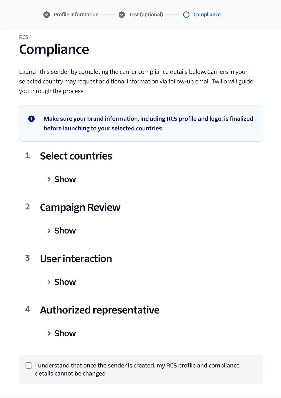 Compliance steps for a Twilio RCS Sender Profile