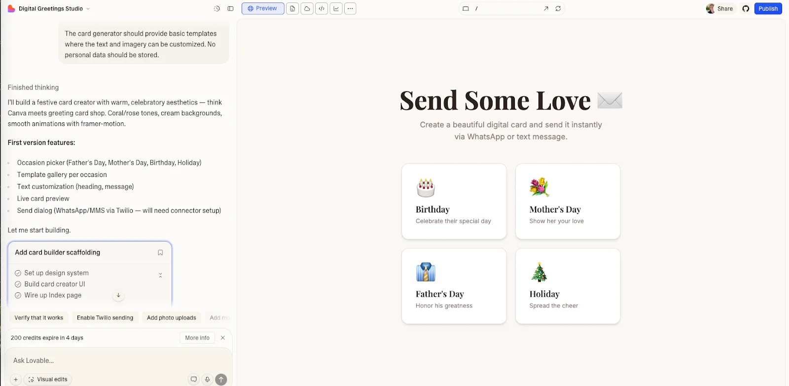 Interface for creating digital greeting cards with options for various occasions like birthday, Mother's Day, and more.