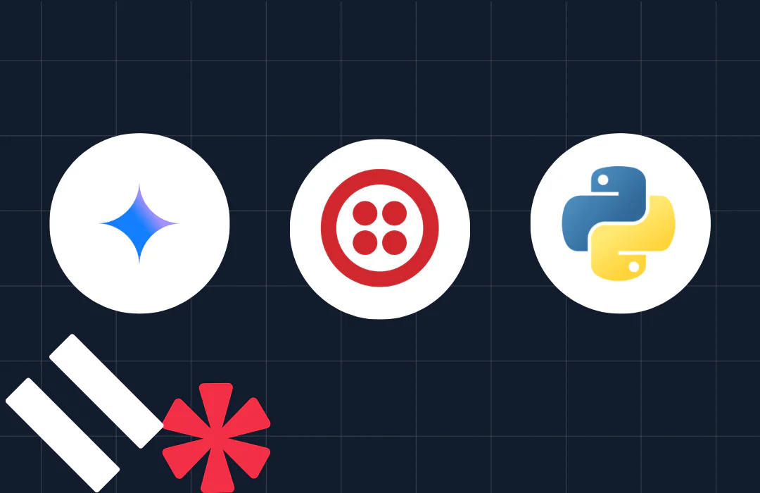 Icons of Astro, Twilio, and Python logos on a dark blue grid background with white and red elements.