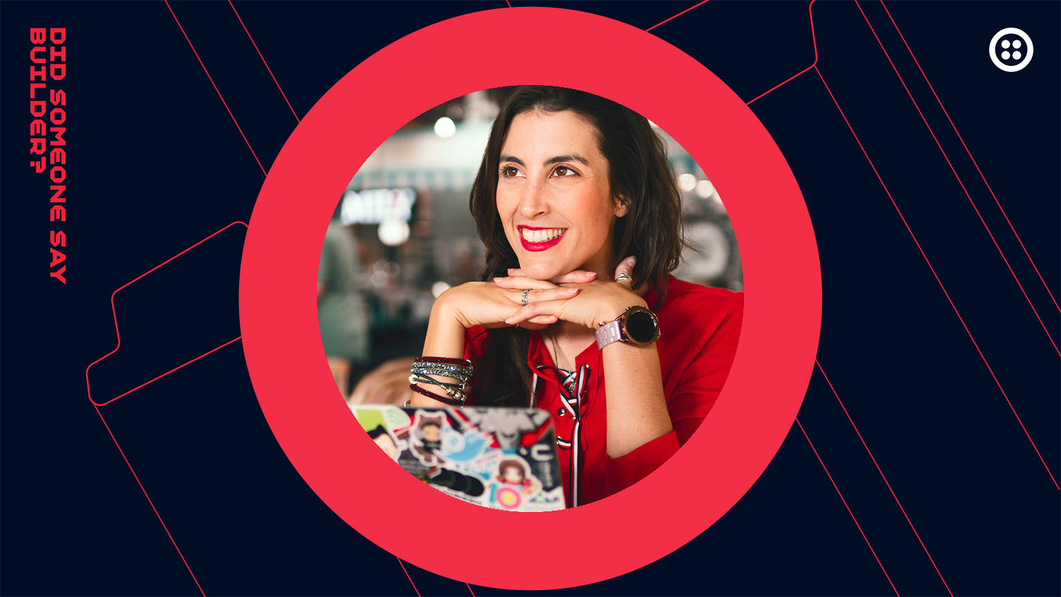 Woman in red smiling with a laptop, surrounded by a red circle graphic.