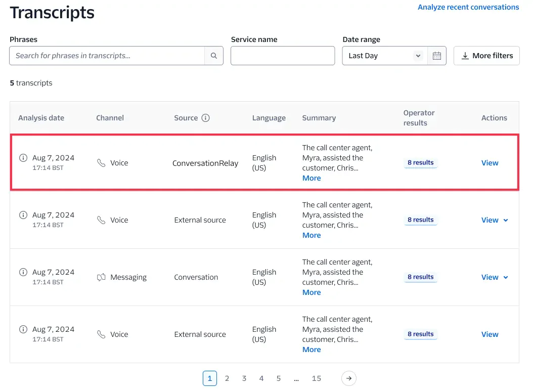 Screenshot of a webpage showing a list of call center conversation transcripts with filters and search options. Screenshot of a webpage showing a list of call center conversation transcripts with filters and search options.