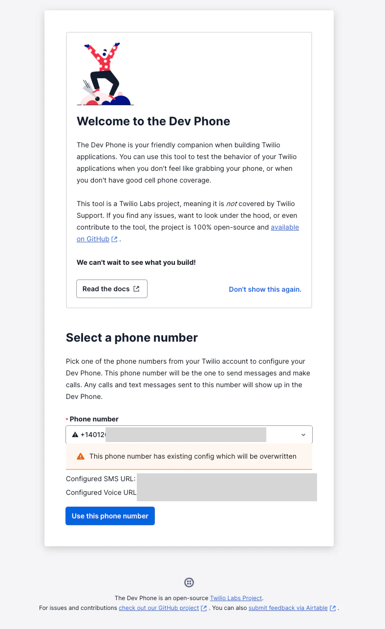 Interface for configuring Twilio Dev Phone with a welcome message and options to select and configure a phone number.