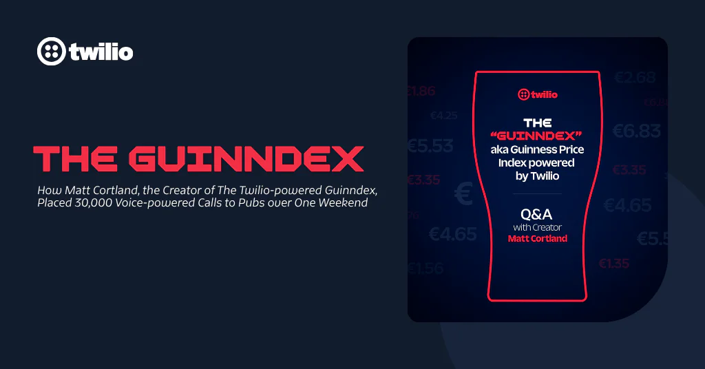 Ad promoting The GuinnDex showing Matt Cortland and Twilio collaboration for voice-powered calls and Guinness price index.
