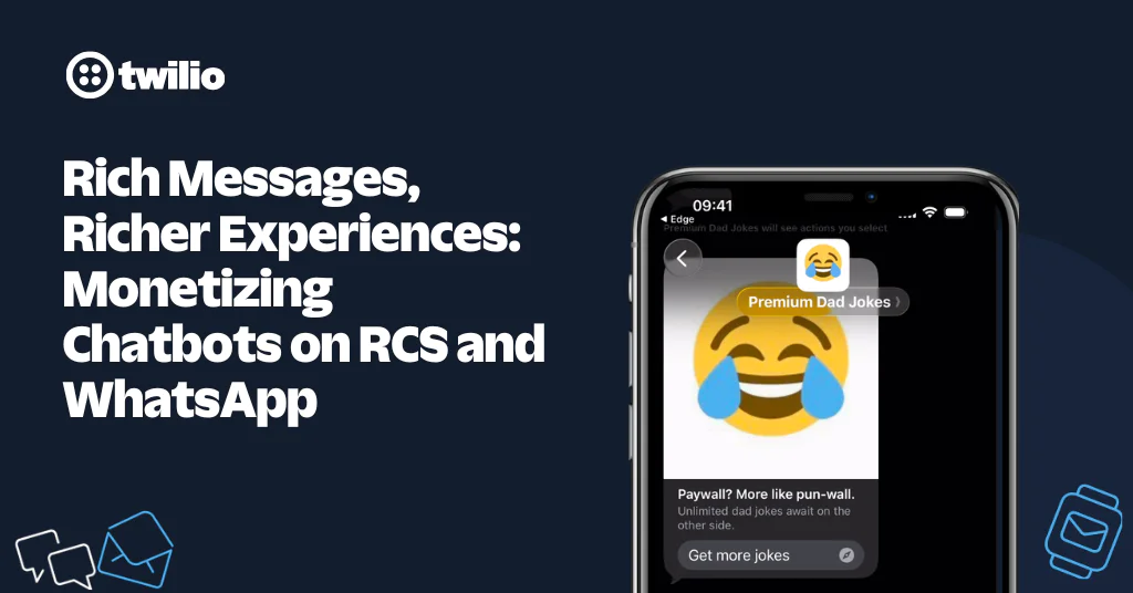 Phone displaying emoji message on a dark background with text about monetizing chatbots from Twilio.