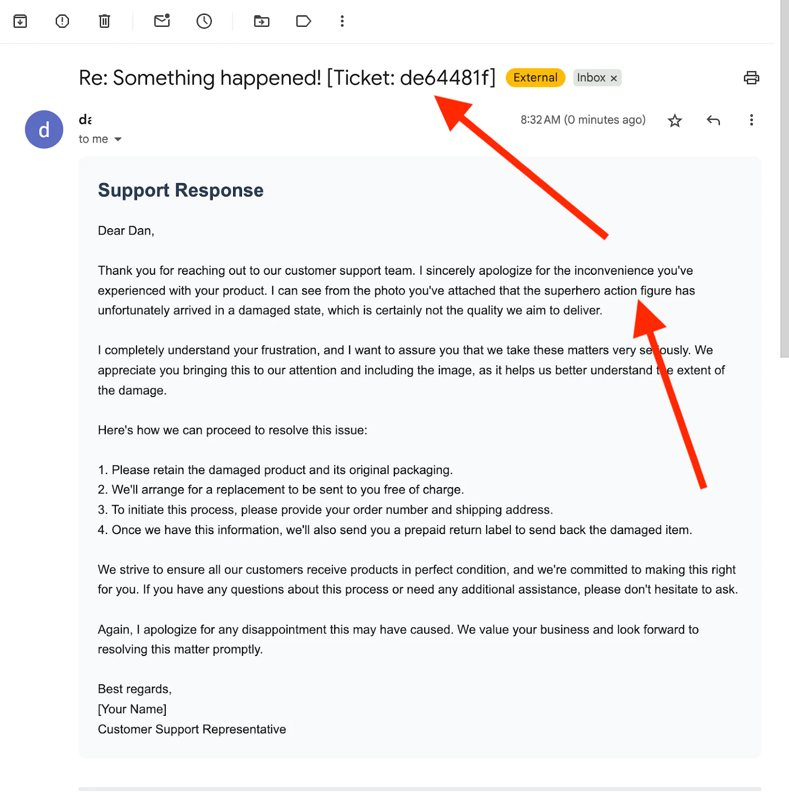 Screenshot of an email response from customer support regarding a damaged superhero action figure.