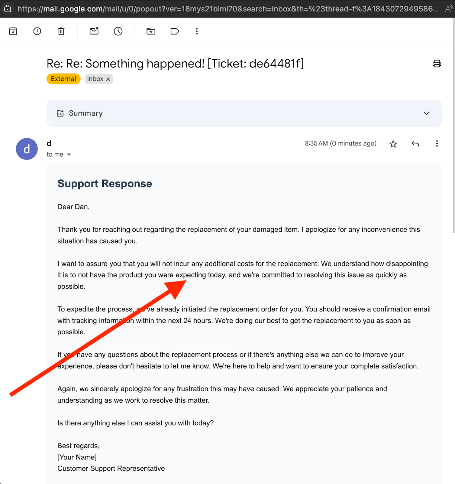Email detailing support response for a product replacement request.