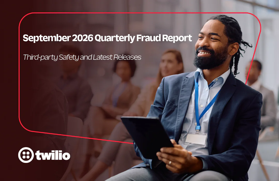Businessman with tablet attends Twilio's September 2026 Quarterly Fraud Report meeting.