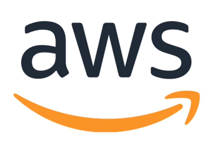 Amazon Web Services (AWS) logo with text and an orange curved arrow underline.