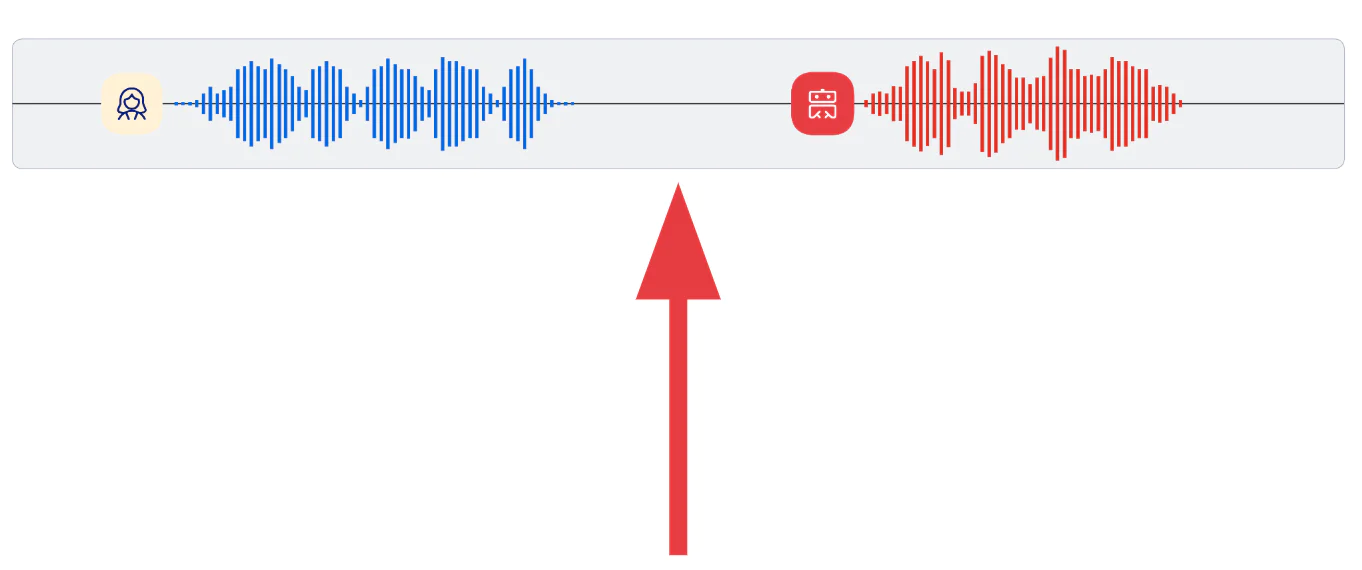 Blue and red audio waveforms with a red arrow pointing to the middle
