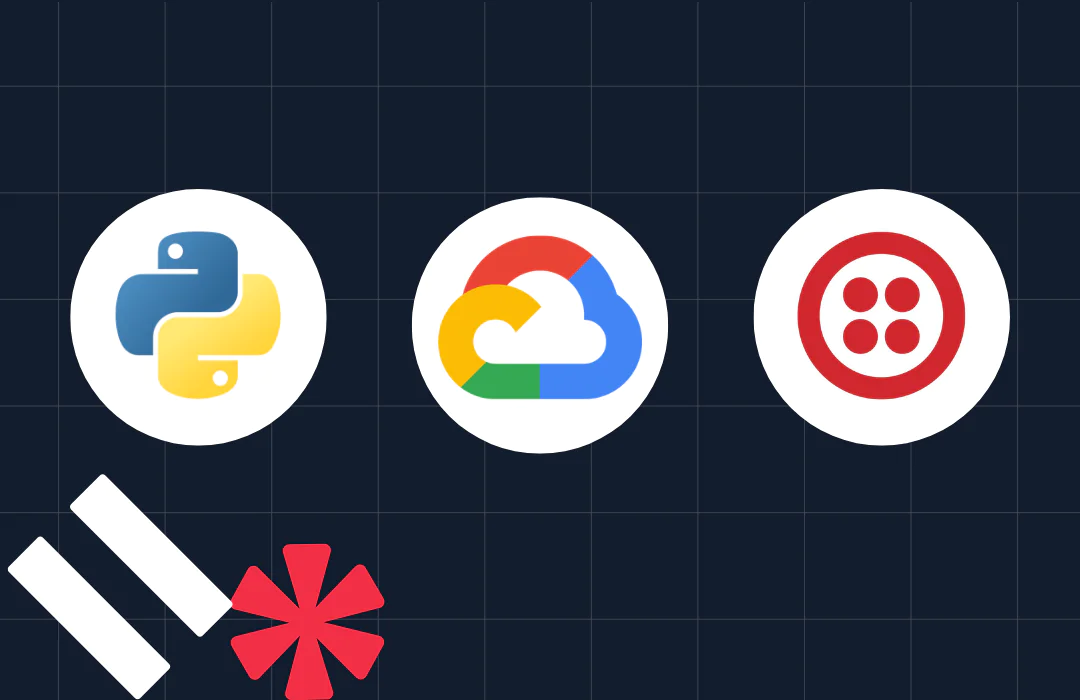 Python, Google Cloud, and Twilio logos on dark background with additional white and red symbols.