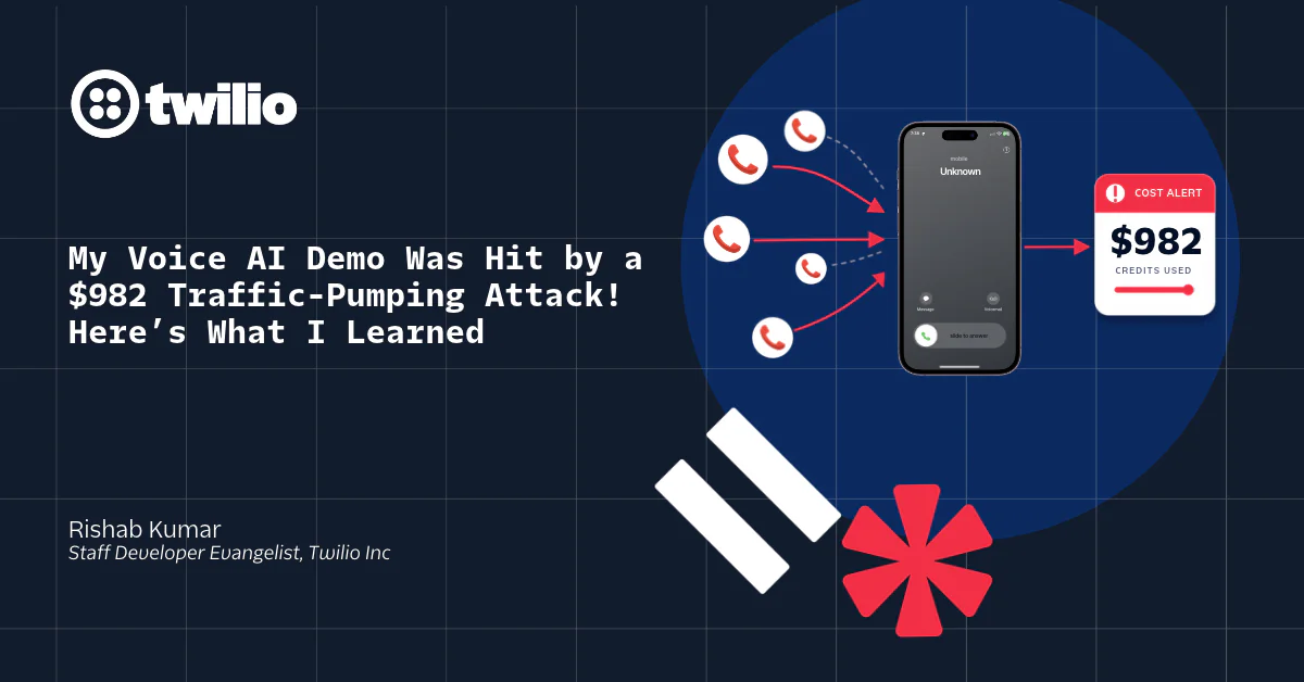 Twilio presentation on a $982 traffic-pumping attack on Voice AI by Rishab Kumar, featuring a phone with incoming calls.