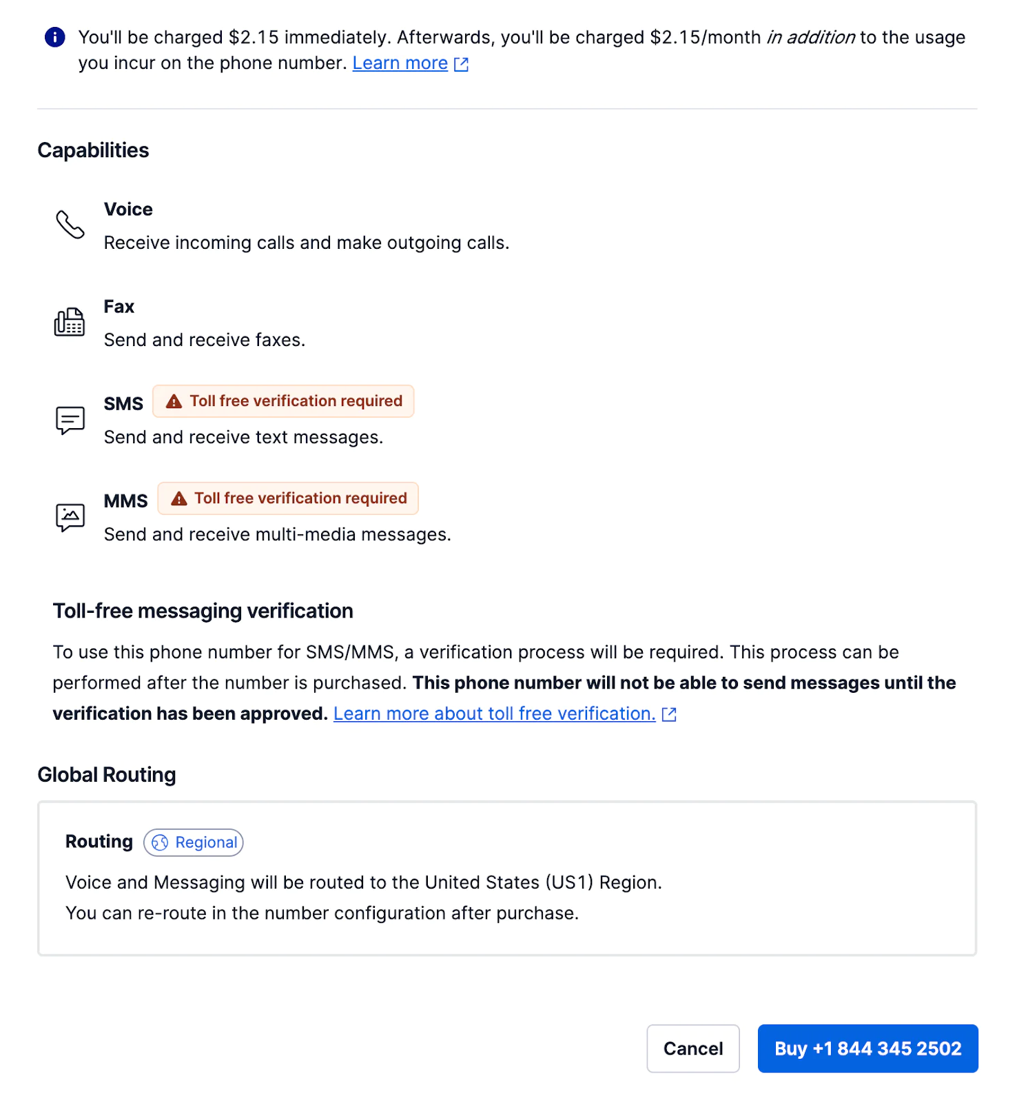 Confirmation when buying a toll-free number.