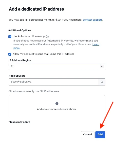 Adding a Dedicated IP Address on a Service Provider Platform Form for adding a dedicated IP address with options for an IP warmup and subusers, and a blue Add button.